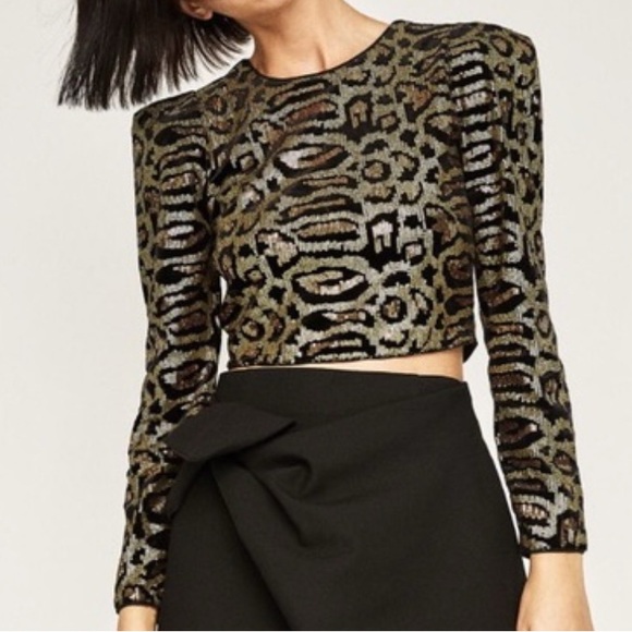 Zara Animal Print Sequin Top - Black and Gold - Picture 2 of 3